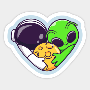 Cute Astronaut And Alien Couple Hug Moon Cartoon Sticker